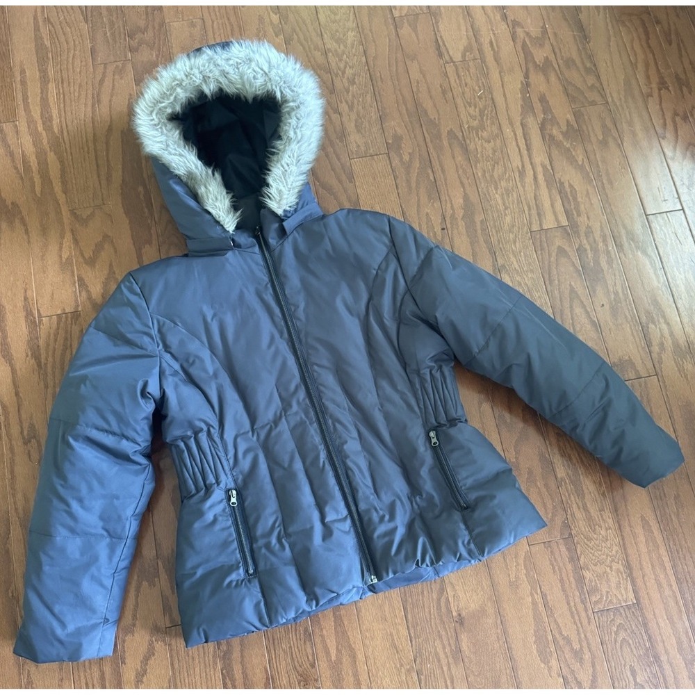 The Company Store Down Puffer Coat Jacket Faux Fur Hood Gray Warm Winter XL